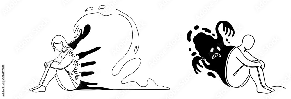 Obraz premium Person sitting in despair being touched by dark shadows representing depression or anxiety in doodle line art style