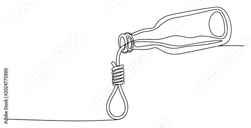 Tableau sur toile Glass bottle with hangman noose representing alcohol addiction concept line art