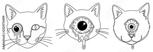 Bild auf Leinwand Surreal cat heads with melting eyes and cyclops features in minimalist line art