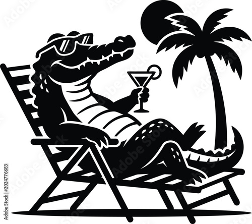 Cool crocodile mascot relaxing on beach chair with cocktail, tropical alligator character in sunglasses, black and white summer vacation vector illustration