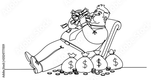 Φωτογραφία Greedy businessman sitting with money bags and stuffing banknotes into mouth in