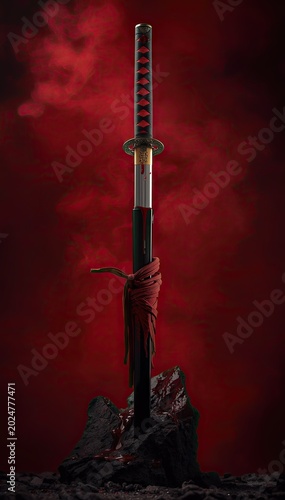 An upright katana sword embedded in a dark rock formation, draped with a red cloth against a crimson smoky background