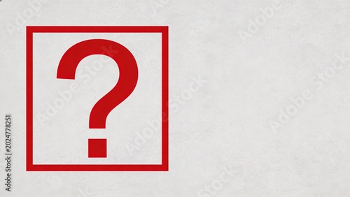 is a minimalist illustration featuring a large red question mark enclosed within a red rectangular border. The background is a textured light gray, providing a stark contrast to the bold red elements.