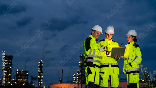 Schilderij op canvas Professional industrial engineer team collaborating with laptop at night shift illuminated petrochemical refinery plant for sustainable corporate oil and gas manufacturing business strategy