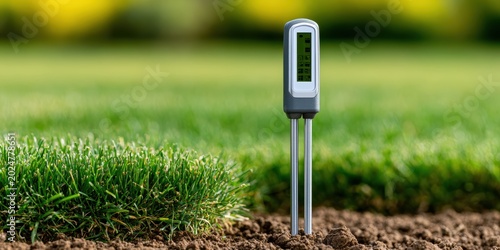 smart lawn care technology, a professional digital soil test probe inserted into the earth, displaying soil health metrics, with a beautiful residential lawn in the background