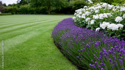 luxury estate landscape, a luxurious, updated version of a traditional estate garden with a large, well-maintained lawn and an elegant floral border