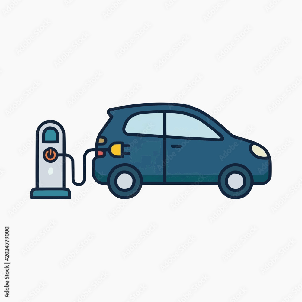 Naklejka premium Electric car charging station with blue electric vehicle plugged in and charging