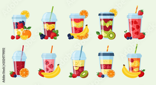 Colorful fruit smoothies with straws.