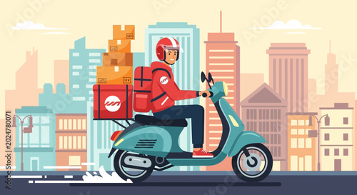 Tableau sur toile Delivery rider on scooter with box.