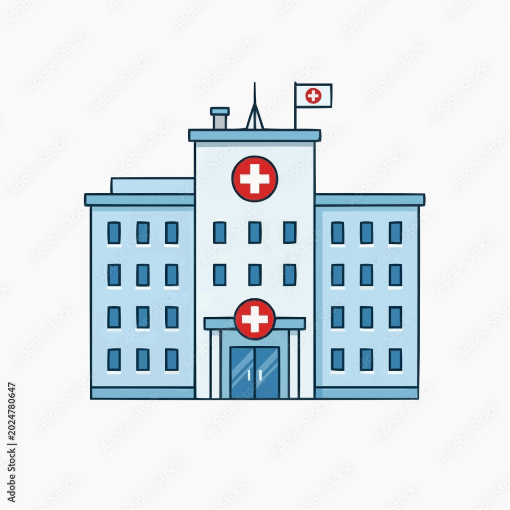 Obraz premium Illustration of a modern hospital building with red cross symbols and a flag