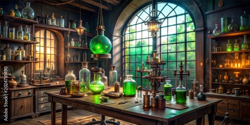 Atmospheric alchemist's laboratory filled with glowing green potions, antique bottles, and mystical apparatus bathed in window light