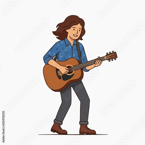 Young man playing acoustic guitar with long brown hair and blue shirt