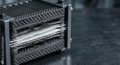 Close up of hydrogen fuel cell stack with metallic textures and copy space