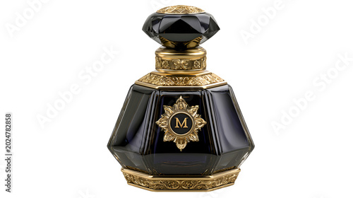 Stylish luxury perfume bottle with black glass finish and golden accents, premium cosmetic branding photography, isolated on white background
