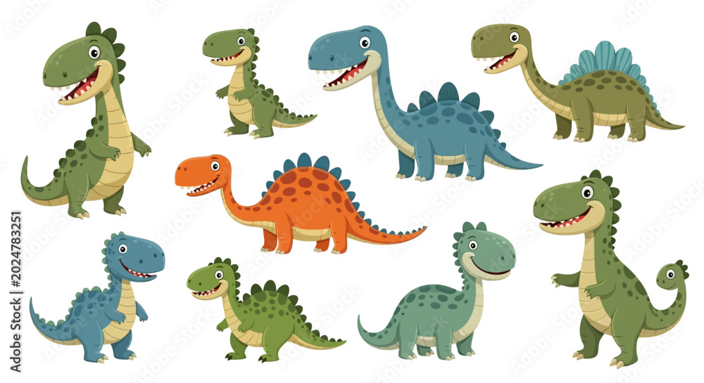 Fototapeta premium Colorful cartoon dinosaurs standing together.
