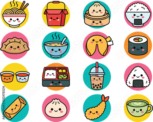 Kawaii Cute Asian Food Character Icon Set – Ramen, Sushi, Dim Sum, Boba Cartoon Sticker Collection