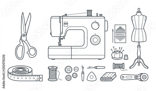 Foto Tailoring set vector illustration sewing tools linear outline design