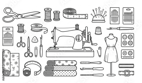 Quadro su tela Linear tailoring tools vector illustration fashion sewing equipment set