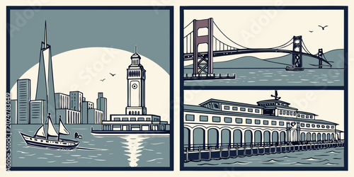 USA, US, U.S, United States - Set of illustration panels featuring san francisco landmarks like the golden gate bridge and ferry building in a vintage graphic style
