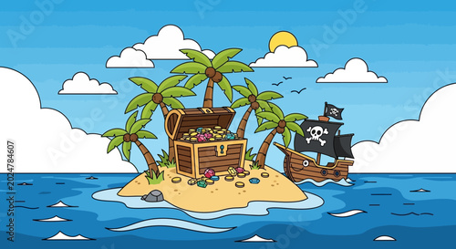 Obraz na plátne Pirate Treasure Chest on Sandy Island.