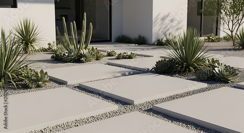 Modern minimalist arizona front yard landscaping featuring large concrete square pavers set in decorative gravel with desert succulents and cactus plants
