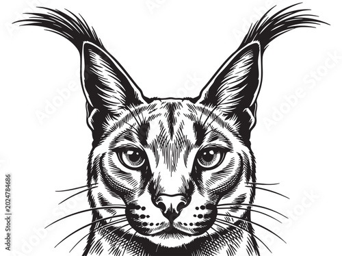 Photography Black and white cat face, feline illustration, whiskers, ears up, animal portrai
