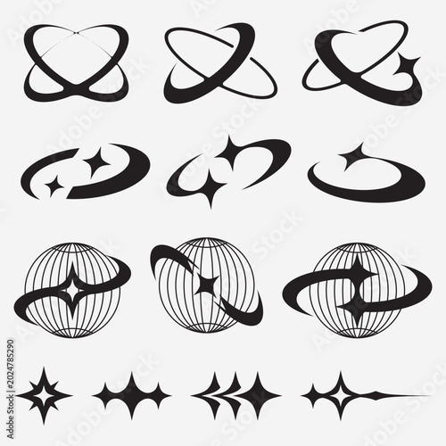 Y2K Futuristic Globe Orbit and Sparkle Symbols Vector Set with Retro Space Elements