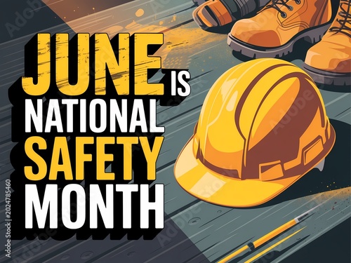 June is national safety month poster with yellow hard hat and work boots on dark background