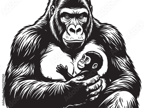 Quadro su tela Gorilla, adult, holding, baby, black and white, vector, illustration, animal, ma