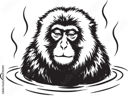 Photography Monkey face in water, Japanese macaque, hot spring illustration, black and white