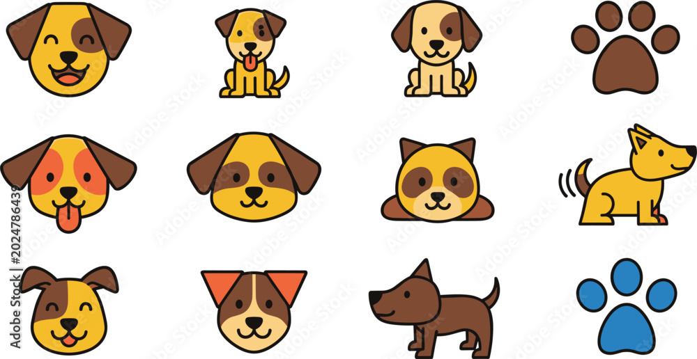 Obraz premium Cute Dog Character And Paw Print Vector Illustration Set