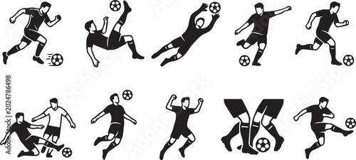 Soccer Players Performance and Football Action Silhouette Vector Set
