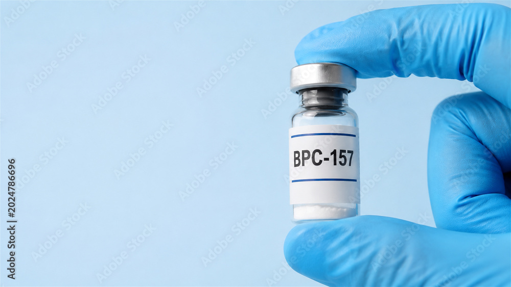 Fototapeta premium scientist holding medical vial with peptide supplement. Researcher in nitrile glove showing medicine bottle for clinical treatment or pharmaceutical study. Innovation in health care science