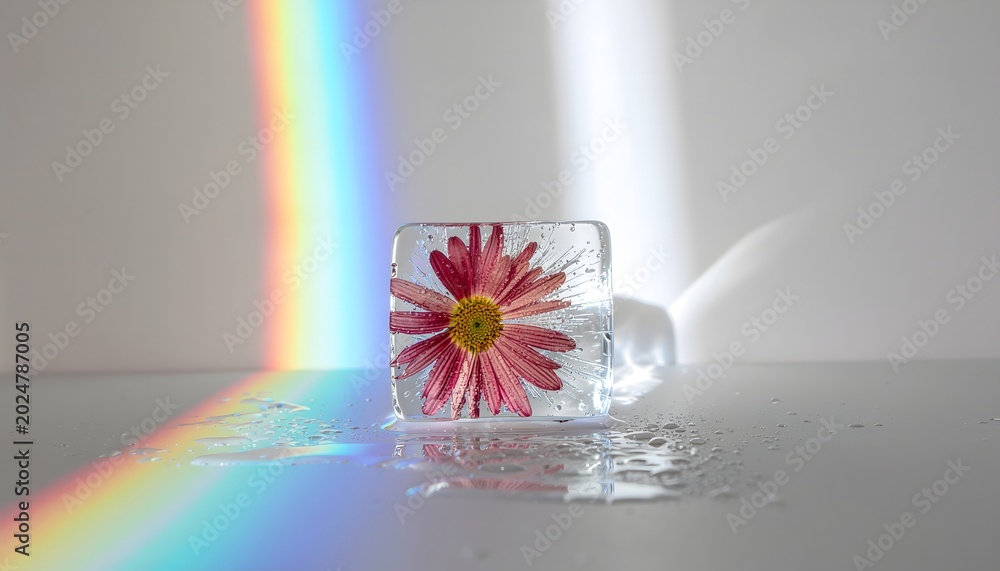 Fototapeta premium Firefly flower suspended in ice block refracts light, creating rainbow colors.