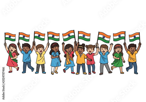 Quadro su tela Children enthusiastically celebrate with raised Indian flags in a joyful procession downtown