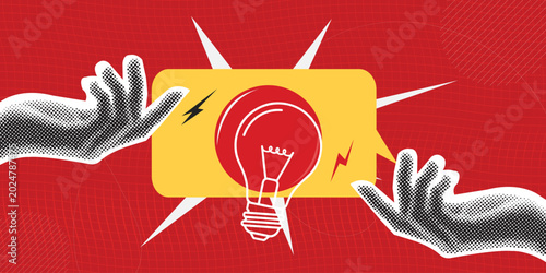 Creative brainstorming concept with light bulb illustration and stylized hands in vintage pop art style.