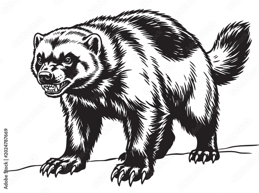 Obraz premium Black and white wolverine, angry mammal, wildlife illustration, vector graphic