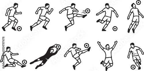 Soccer Player Actions and Football Movements Line Art Vector Set