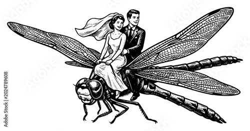 Canvastavla Bride and groom riding giant dragonfly in retro engraving style