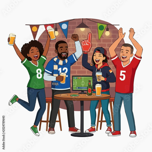 Diverse group of friends cheering and drinking beer while watching a soccer match on TV