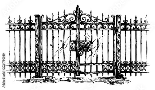 Fotografie Wrought iron gate with padlock and gothic fence in vintage engraving style