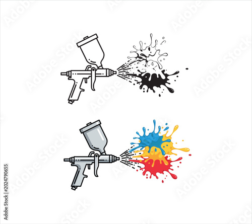 Spray paint gun with colorful and black paint splashes  artistic tool