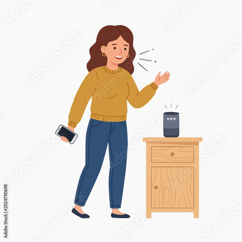 Woman using voice assistant smart speaker and smartphone at home