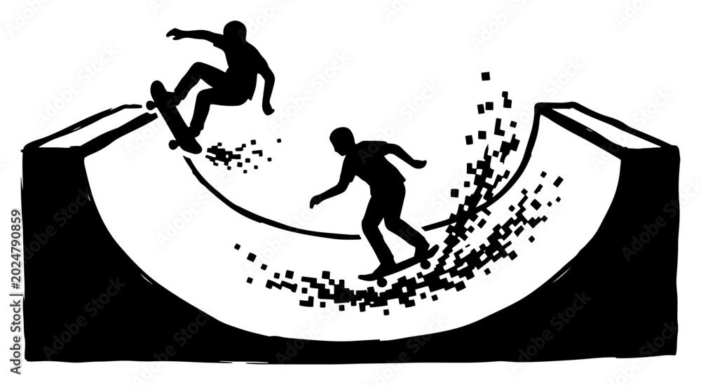 Fototapeta premium Skateboarders performing tricks on halfpipe with digital pixel dispersion effect in silhouette style