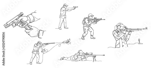 Photos Firearm shooting training set with diverse weapons and marksmen in continuous li