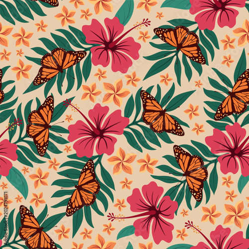 Tropical theme seamless pattern with butterflies, foliage, hibiscus and plumeria flowers. Vector illustration.
