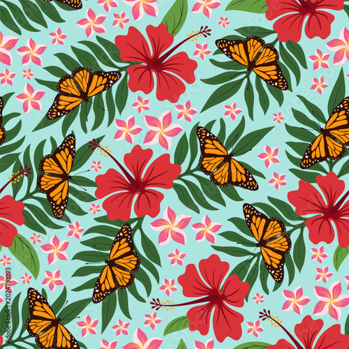 Tropical theme seamless pattern with butterflies, foliage, hibiscus and plumeria flowers. Vector illustration.