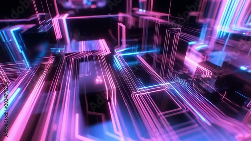 Tracking dolly motion through abstract neon circuit board pathways flowing across futuristic interior city grid landscape