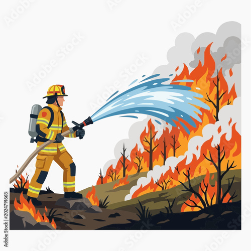 Firefighter spraying water on a forest fire with smoke and flames