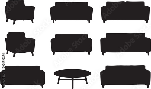 Collection of modern sofa and coffee table silhouettes isolated on transparent background